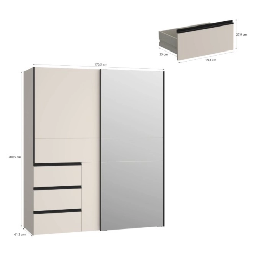 Szafa przesuwna z lustrem i szufladami 170 cm Kolor Piaskowy